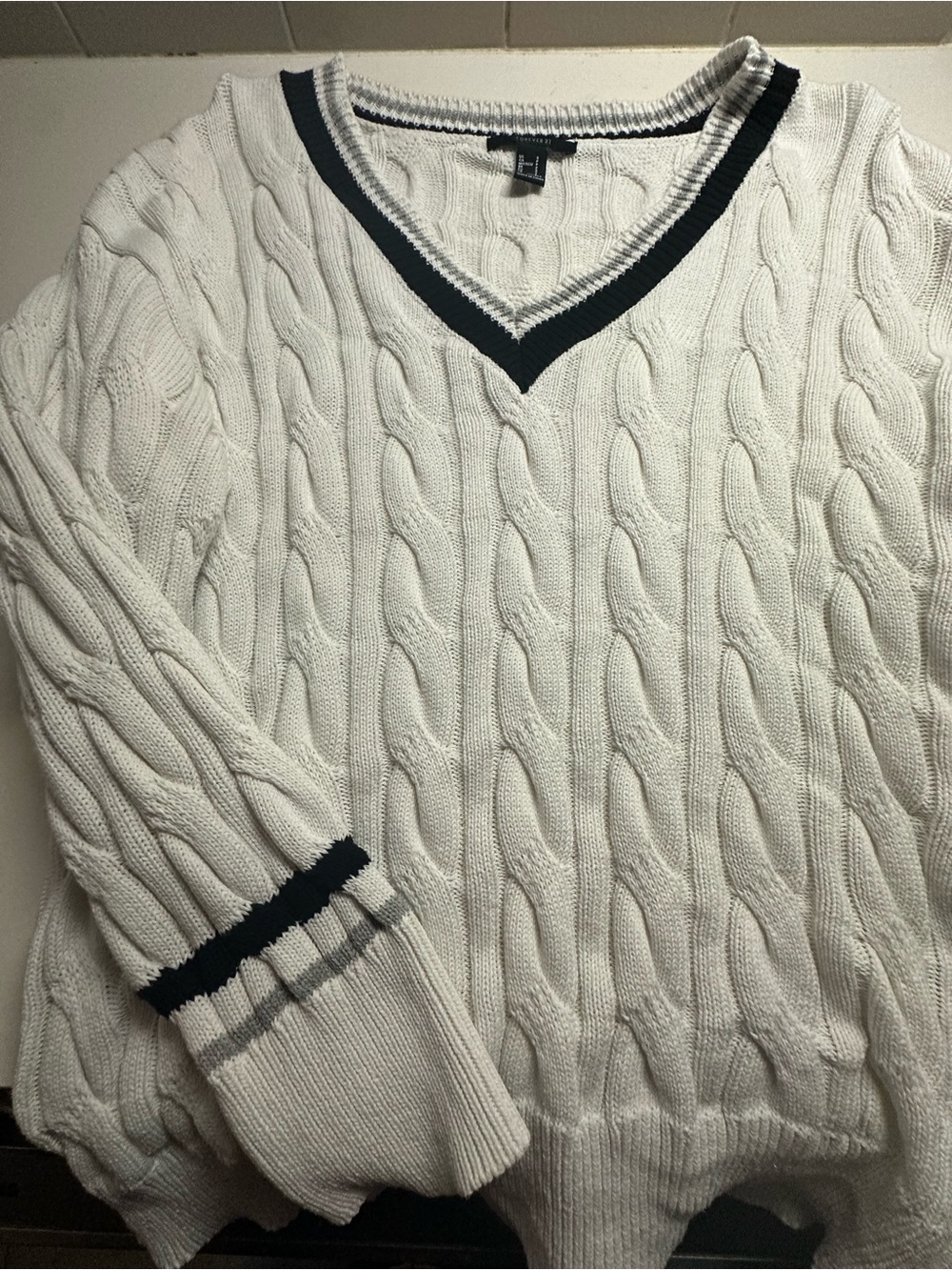 Forever21 Cable Knit V-Neck Sweater - White with Navy Trim